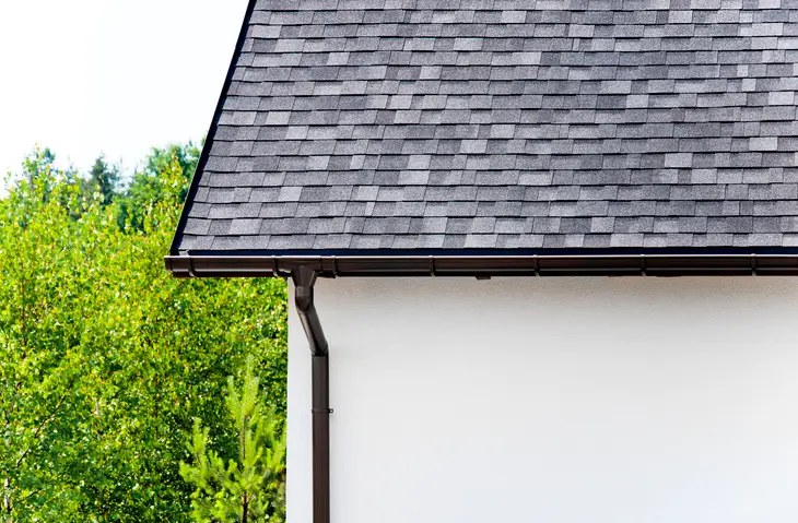 Black gutter contrast against a white house in Seattle, WA